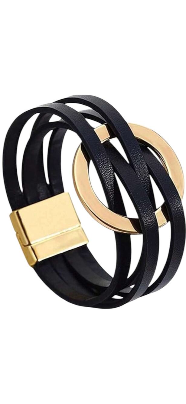 Minimalist Black Gold Faux Leather stack Wrap Bracelet Gold Circle Cuff Gift